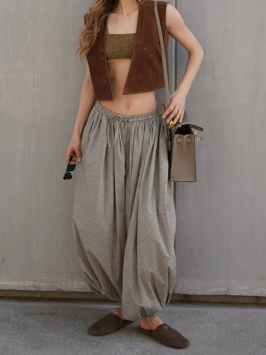 LIZAKOSHT  -  Women's New Retro Brown Lantern Pants High Waist Trendy Loose Fit Plaid Spring Summer Fashion Trousers