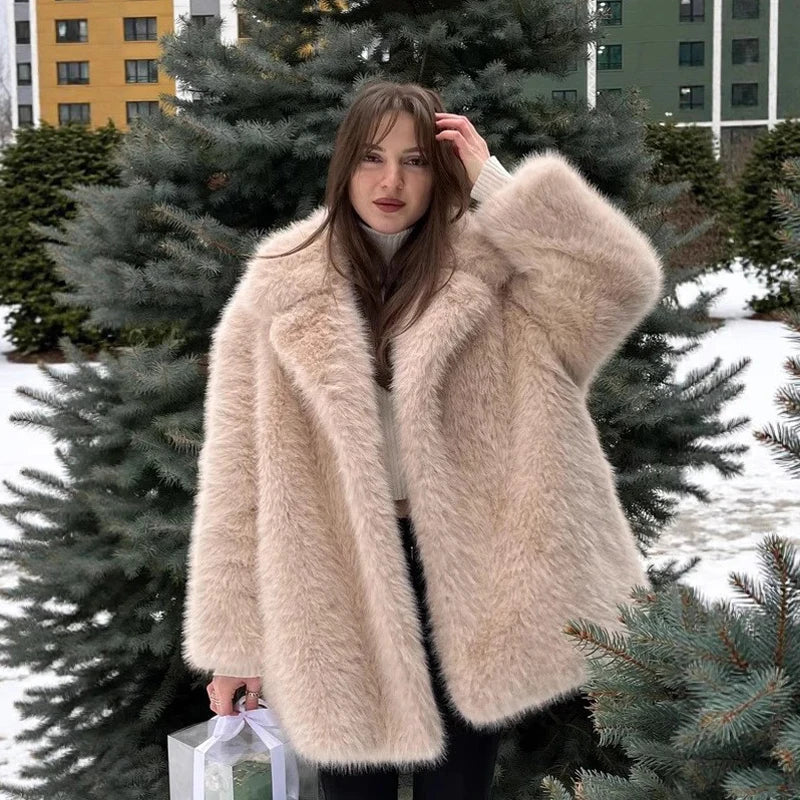 LIZAKOSHT  -  New Thick Cotton Winter Fur Coat Women Suit Collar White Medium Long Luxury Fox Fur Overcoat  High Quality Fury Plush Jacket