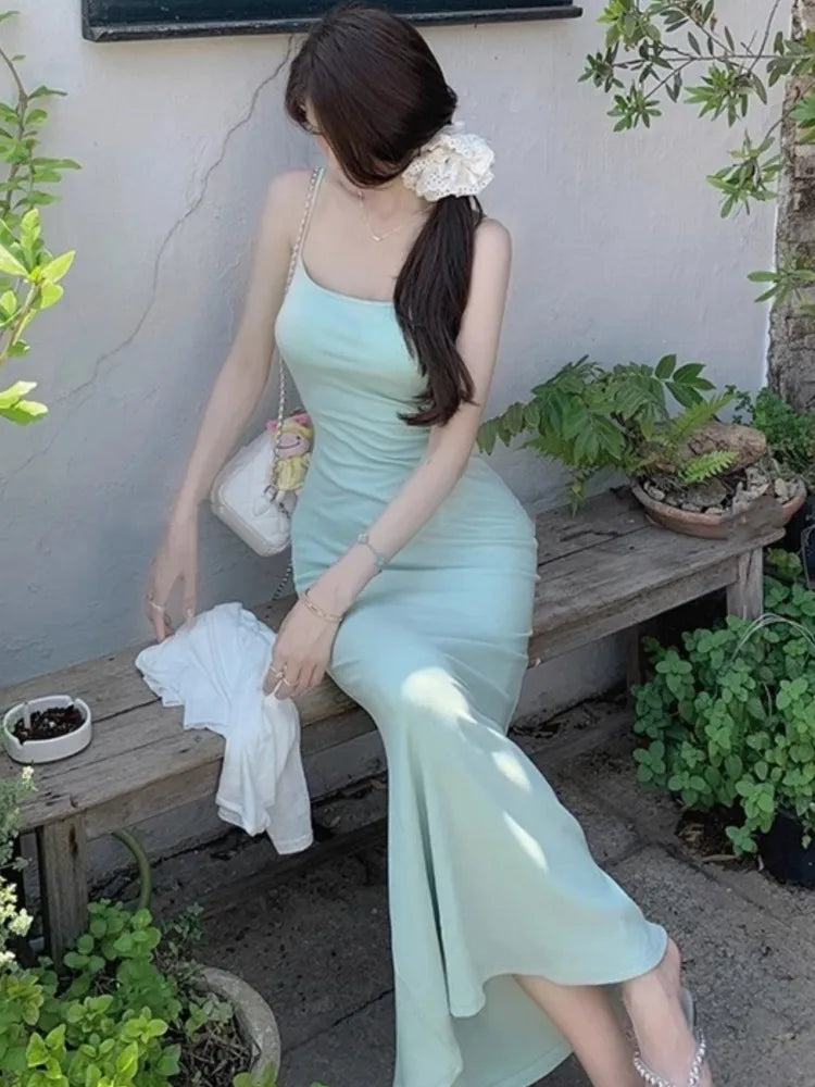 LIZAKOSHT  -  Summer Spaghetti Straps Slim Midi Dress With White T-shirt Women Casual Solid Simple Party Vestidos Holiday Beach Outfits