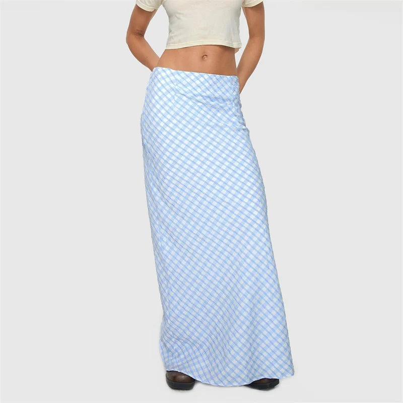 LIZAKOSHT  -  y2k Long Skirt Women Summer Grunge Clothes Sky Blue Plaid Print Low Waist Straight Loose Skirts Ladies Club Streetwear