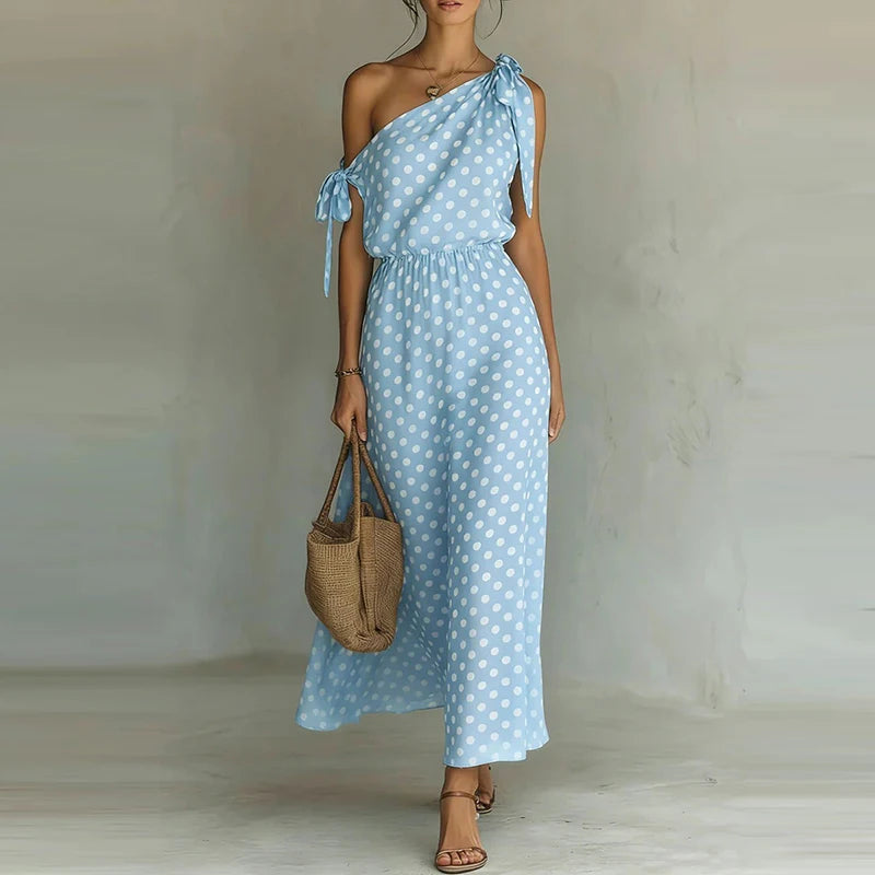 LIZAKOSHT  -  Trendy Asymmetry Slash Collar Polka Dot Print Dress Elegant Tie Up Hollow Out Slim Dress Temperament Lady High Waist Party Dress