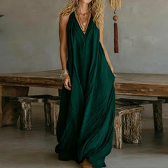 LIZAKOSHT  -  Simple solid color lazy style jumpsuit casual loose sleeveless hanging neck style spring and summer new long women's jumpsuit