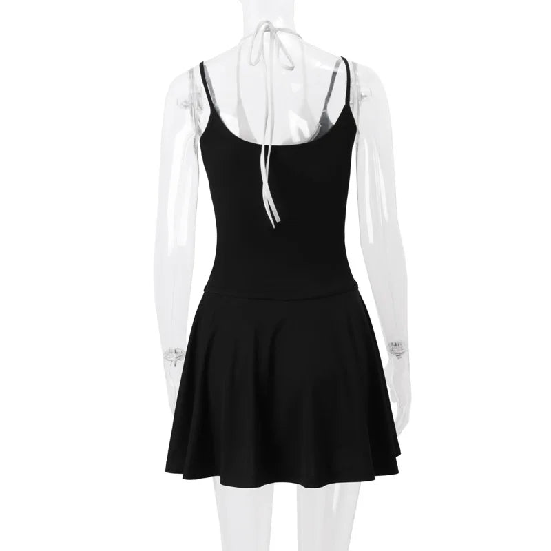 LIZAKOSHT  -  Sexy Backless Women Fake Two Piece Sets Black Spaghetti Strap V-neck Dress Female Summer Skinny Elegant Streetwear