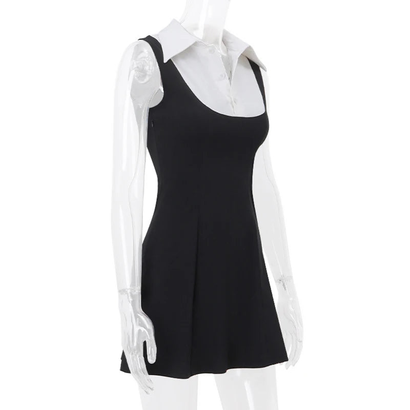 LIZAKOSHT  -  y2k Mini Dress Women Summer Contrast Color Patchwork Lapel Collar Sleeveless A Line Mini Dress Evening Party Dresses
