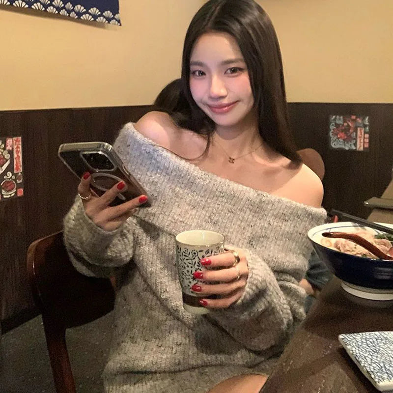 LIZAKOSHT  -   Elegant Off Shoulder Slash Neck Sweaters Women Korean Fashion Streetwear Thicken Knitted Jumpers Casual Loose Slimming Pullovers