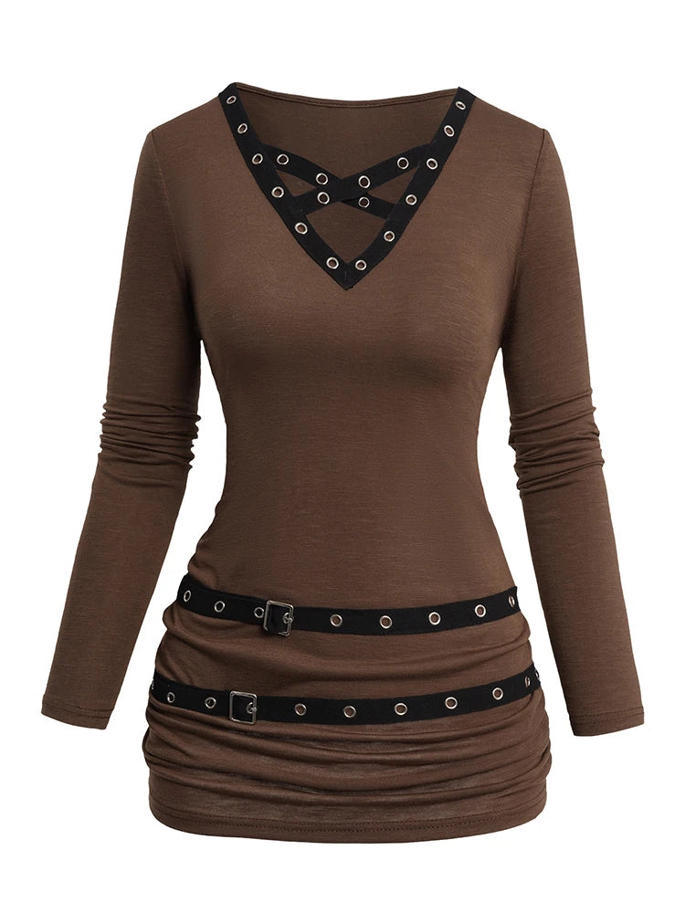 LIZAKOSHT  -  Women Spring Shirts Long Sleeve V Neck Belt Casual Solid Color Top Ropa Para Mujer