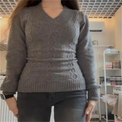 LIZAKOSHT  -   Ladies V-Neck Knitted Sweater Sweet Off Shoulder Loose Autumn Winter Outerwear Comfortable Long Sleeve Tops Grey Pullovers Tops
