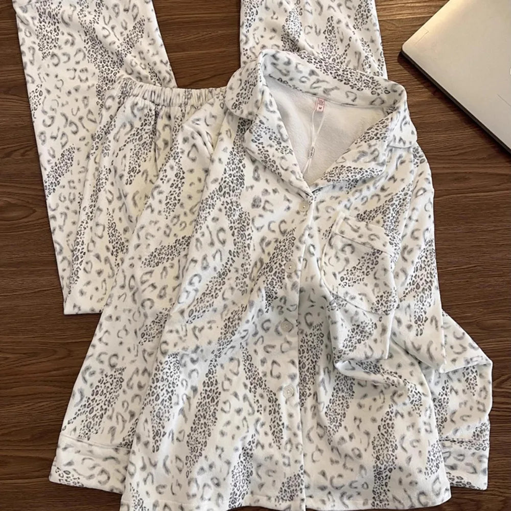 LIZAKOSHT  -  Leopard Print Soft Pajamas for Woman Sleepwear Long Sleeved Top and Long Trousers Casual Loungewear Set Pyjamas Spring Autumn