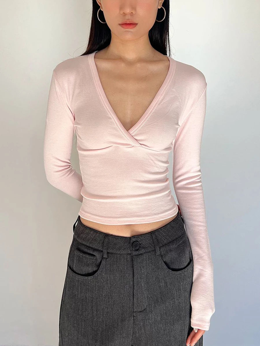 LIZAKOSHT  -  Cross V-neck Long Sleeve T-shirts Woman Autumn Cotton Slim Crop Top Female Casual Simple Solid All-match Basic Tshirts Y2k Tops
