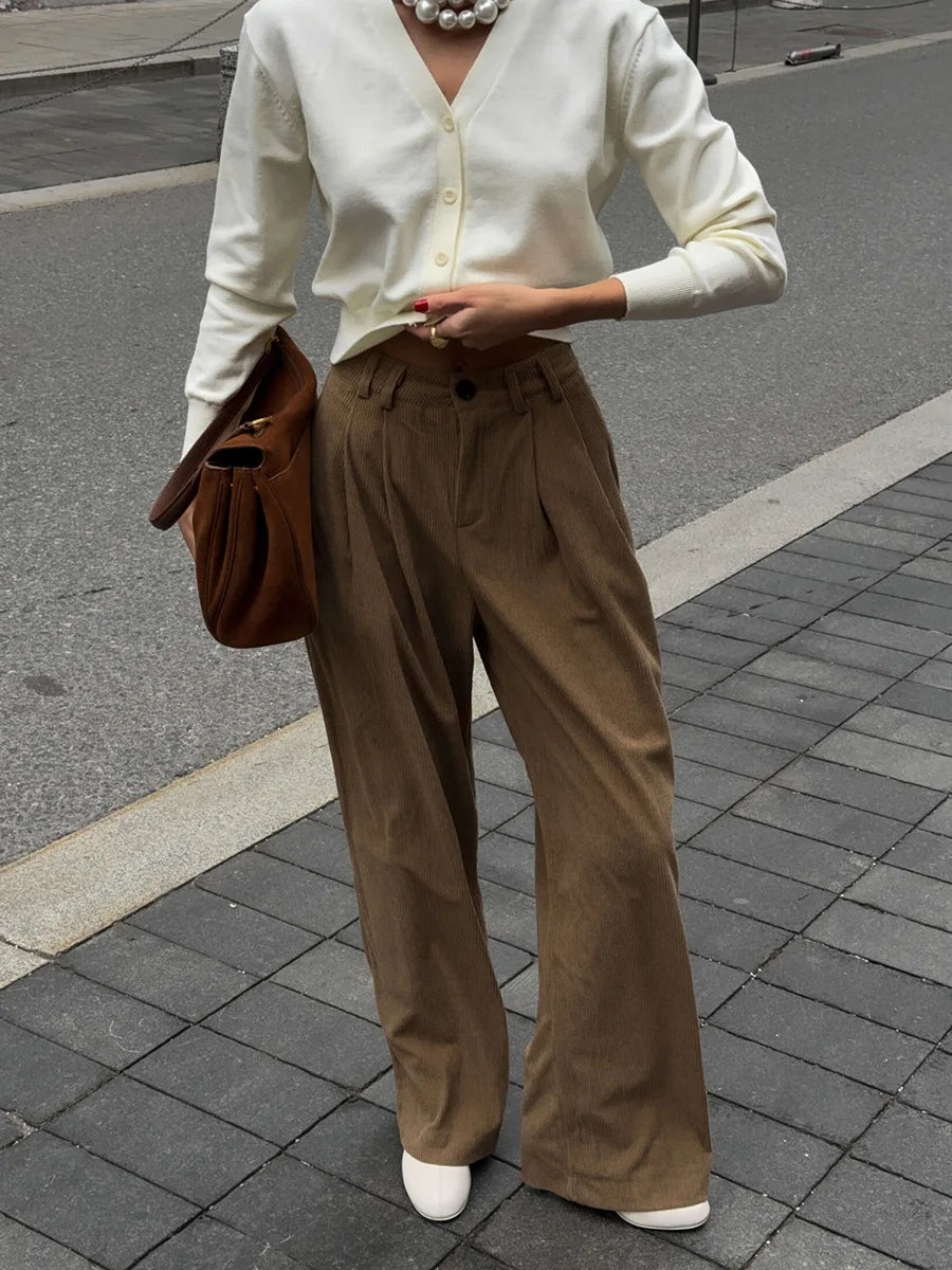 LIZAKOSHT  -  Women's New Wide Leg Pants 100% Cotton Loose Fit Drapey Trendy Waist Autumn Winter Fashion Trousers
