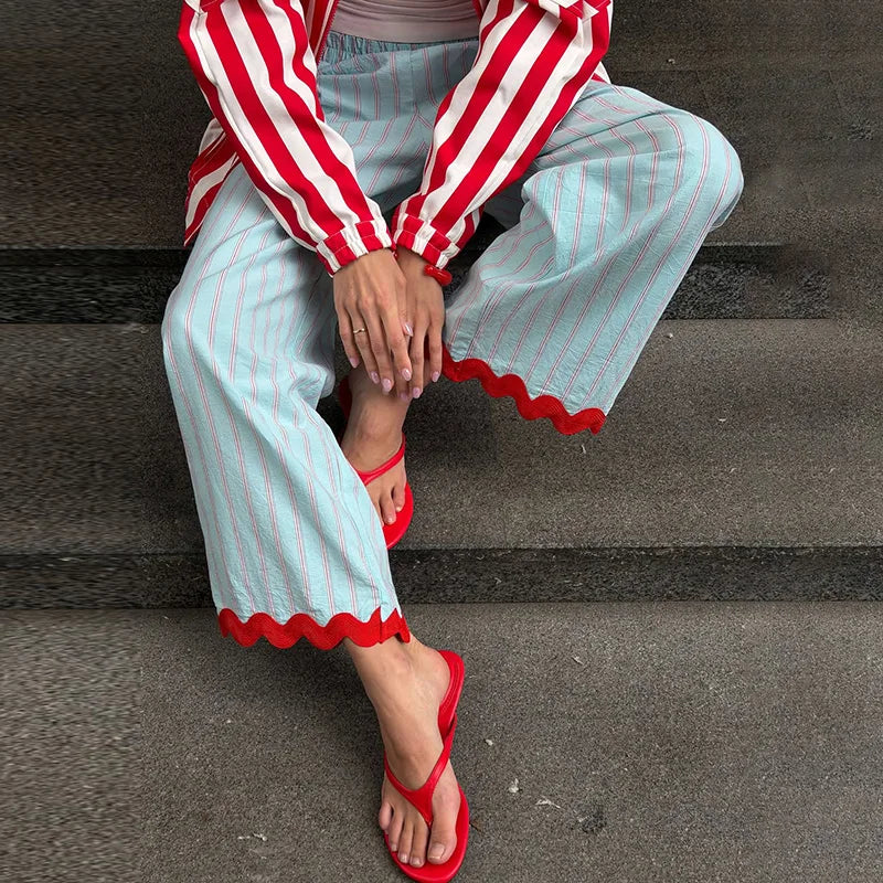 LIZAKOSHT  -  Pants Leg Stripe Women Trousers Adjustable Waist Wrap Loose Summer Floor Length Boho Palazzo Trousers Women Outfit For Women