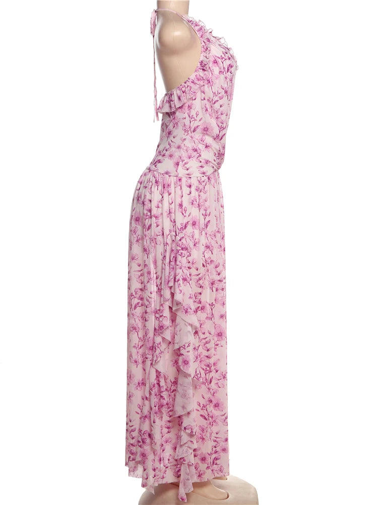 LIZAKOSHT  -  Pleated Trim Dresses Women Hipster Popular Halter V-neck Stacked Irregular Maxi Bodycon Mujer Elegant High Street Frock