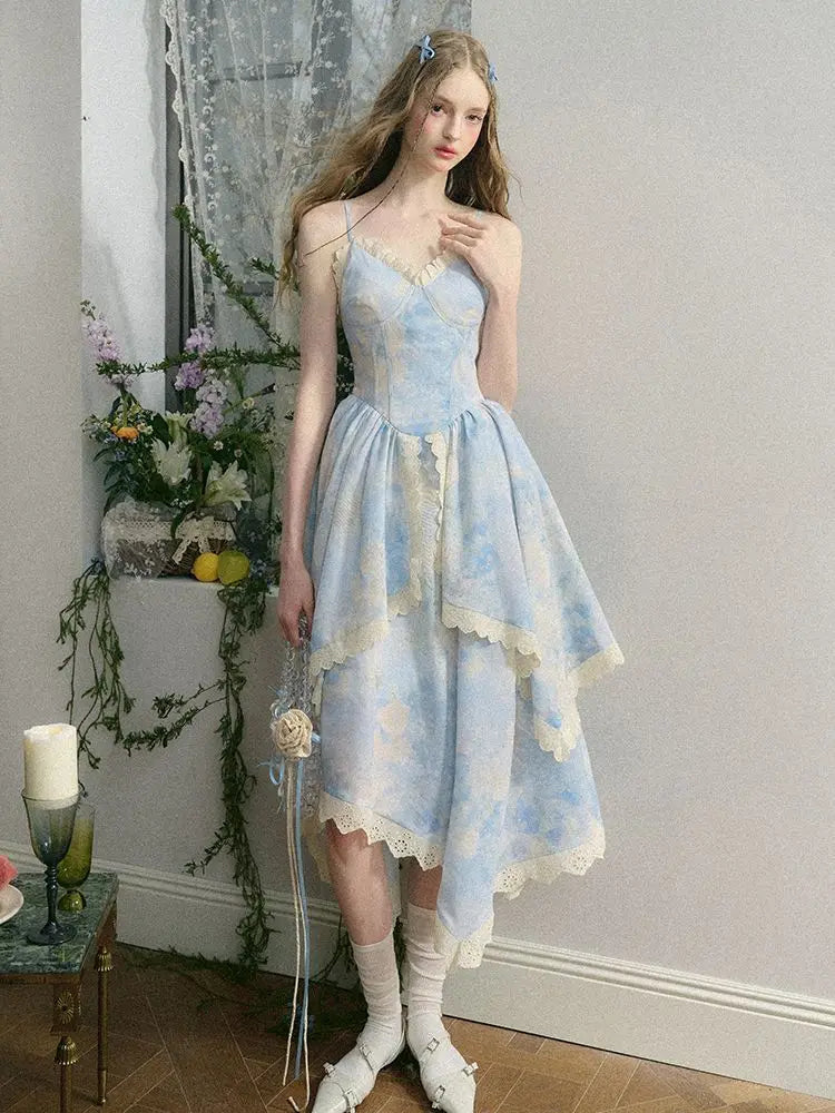 LIZAKOSHT  -  Strap Dress Irregular Floral Blue French Waist Plus Size 2024 Summer New Gentle New Sweet Holiday Dress