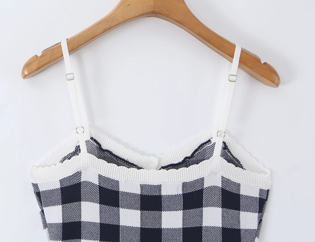 LIZAKOSHT  -  Autumn Black White Plaid Gingham Knitted Sling Dress Open Buttons V neck Package Hips Short Dresses Skinny Robe Vestidos