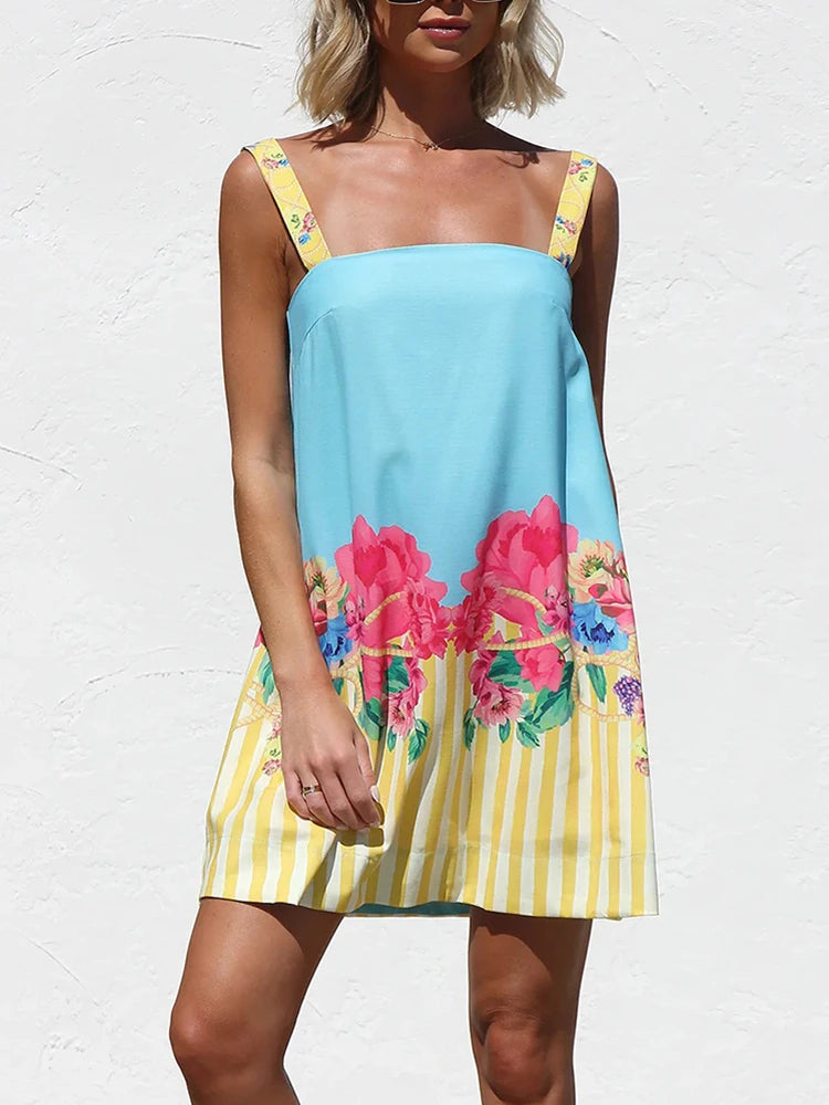 LIZAKOSHT  -  Leisure vacation style cute printed mini camisole dress fashionable daily sweet girl dopamine style camisole dress