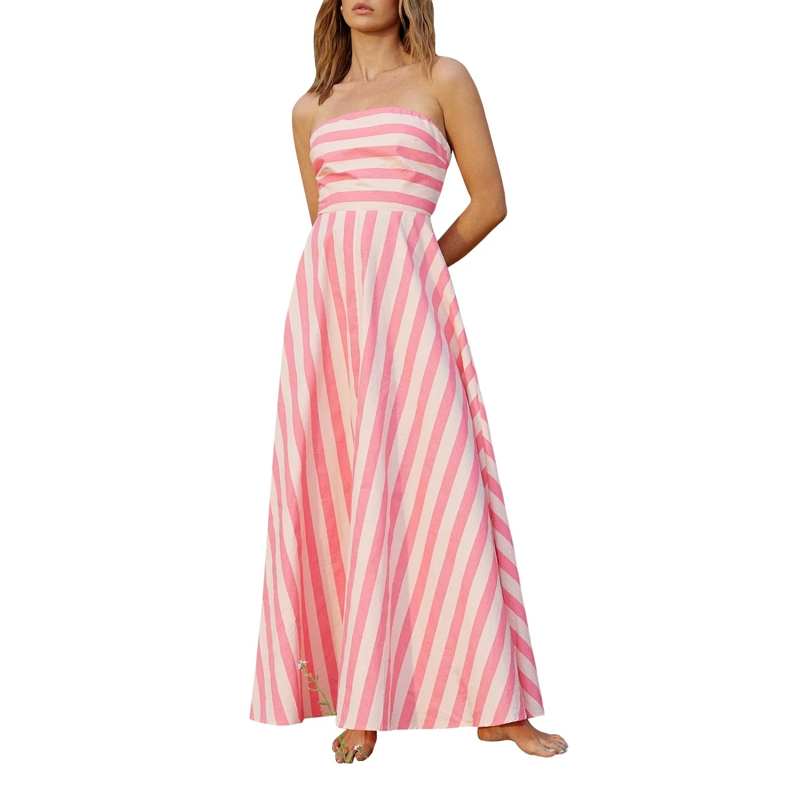 LIZAKOSHT  -  Women Y2k Graphic Maxi Tube Dress Off the Shoulder Striped Flowy Dress Bohemian Backless Beach Sundress