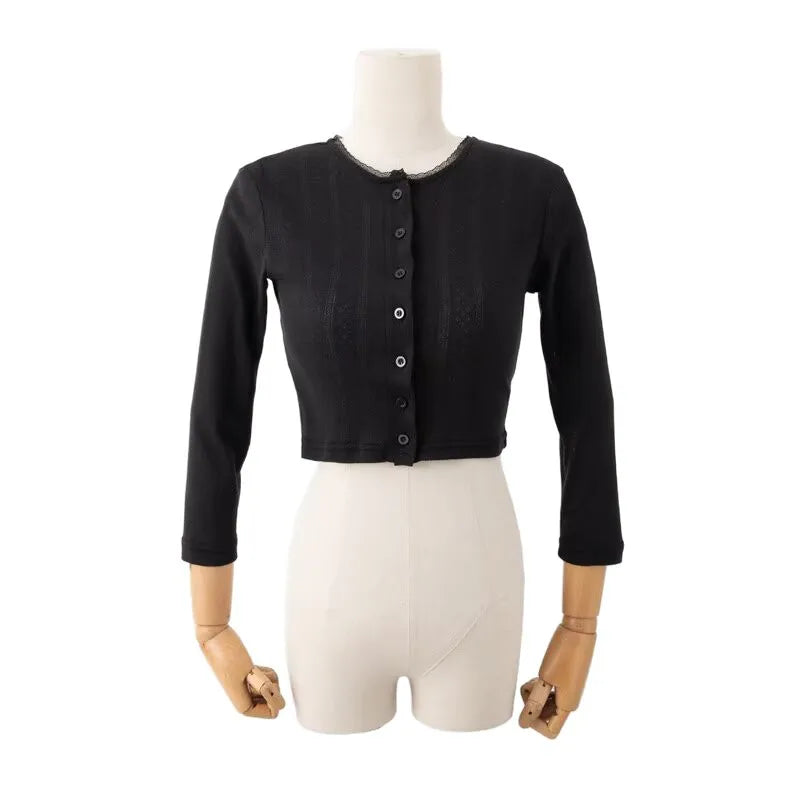 LIZAKOSHT  -  Early Autumn Short Hollow out Lace Trim Long Sleeve round Neck Single Button Open Cardigan Women's T-shirt Cotton Blend