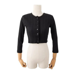 LIZAKOSHT  -  Early Autumn Short Hollow out Lace Trim Long Sleeve round Neck Single Button Open Cardigan Women's T-shirt Cotton Blend