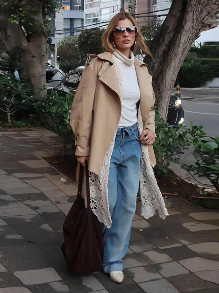 LIZAKOSHT  -  Fashion Women Windbreaker French Lapel Long Sleeve Belt Pocket Waist Cinching Long Coat Casual Early Autumn Street Wear