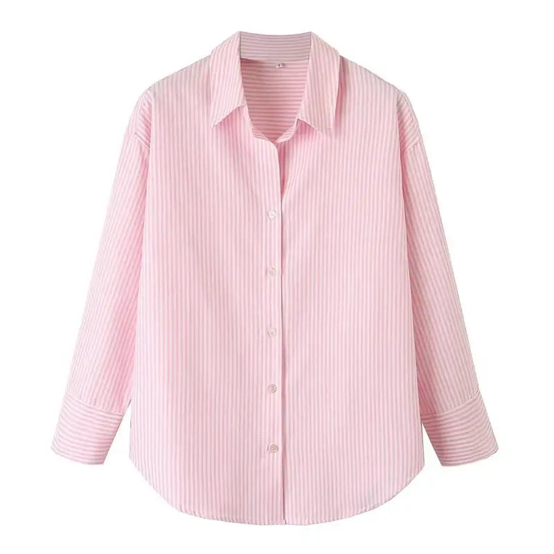 LIZAKOSHT  -  Tops Shirts Spring Women's 2025 New Chic Striped Elegant Loose V-neck Women's Shirts Street Casual Fashion Youth Office Blouses
