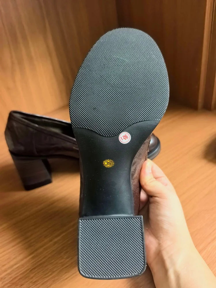 LIZAKOSHT  -  Fashion Shoes New High Quality Genuine Leather Shoes Round Head Coarse Heels High Heels Loafers Shoes Lolita Shoes Women