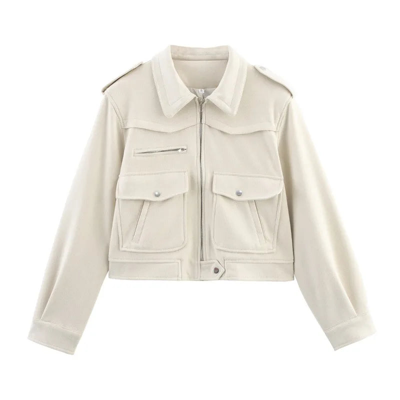 LIZAKOSHT  -  Chic Fashion 2025 Autumn Temperament Jacket Beige Streetwear Women Outwear Zipper High Street Casual Turn-down Collar Pockets