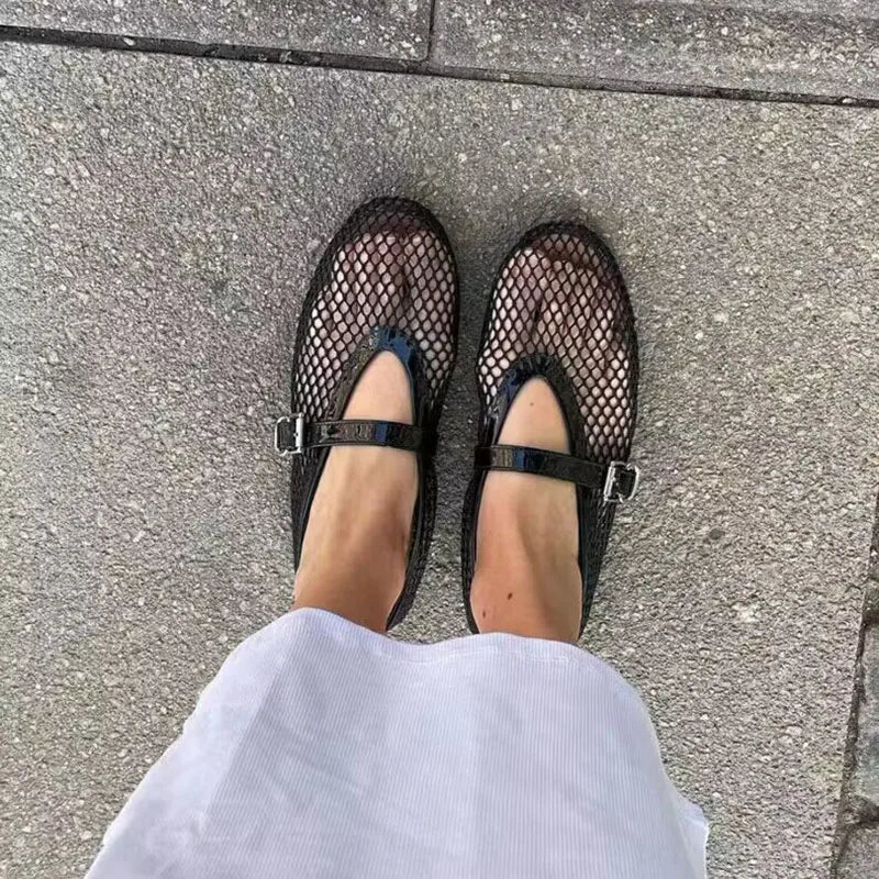 LIZAKOSHT  -  Fashion women mesh ballet falts round toe buckle strap pumps