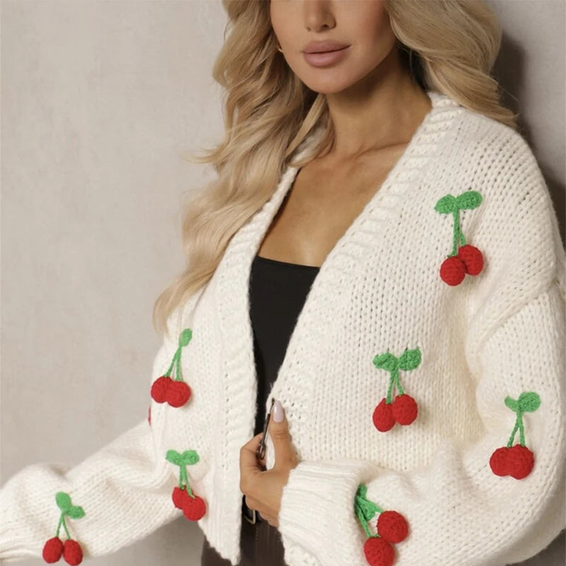 LIZAKOSHT  -  3D Cherry Knit Cardigan Women V Neck Long Sleeves Sweater Coats Female 2025 Autumn Winter Chic Fashion Solid Knitwears Lady