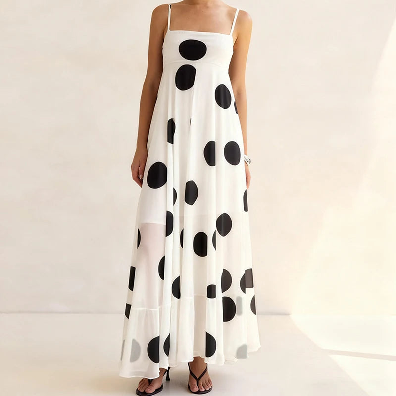 LIZAKOSHT  -  Retro Polka Dot Maxi Dress Elegant Lady Spaghetti Strap Flowy Dresses for Women Summer Vacation Brunch Outfits