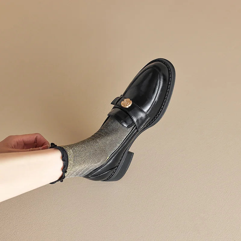 LIZAKOSHT  -  Women's British Shoe Autumn New Thick Heel Women Leather Shoe Versatile Anti Slip Women Casual Shoes Gold Buckle Women's Loafers