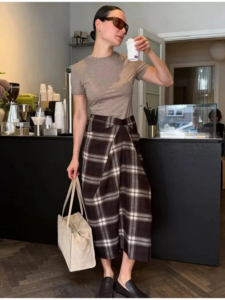 LIZAKOSHT  -  New Elegant Irregular Ruched Plaid Print Skirts Chic Patchwork Zip-up Midi Women Skirts Ladies Commute Skirts Streetwear