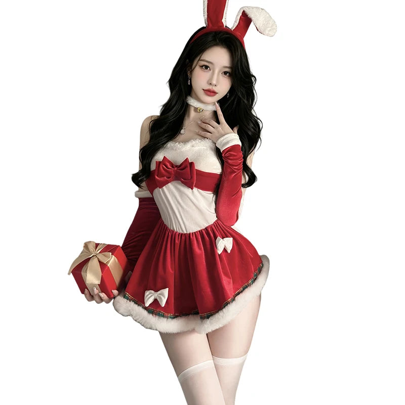  LIZAKOSHT  -  Women Christmas Bunny Costume Off Shoulder Mini Dress Set Cute Rabbit Ear Headband Neck Cuff Long Sleeve Gloves Party Outfit