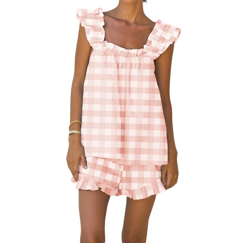 LIZAKOSHT  -  Striped Plaid 2 Piece Set Outfits Kawaii Loose Sleevless Tank Top Vest + Ruffles Hem Shorts Women Loungewear Matching Suit