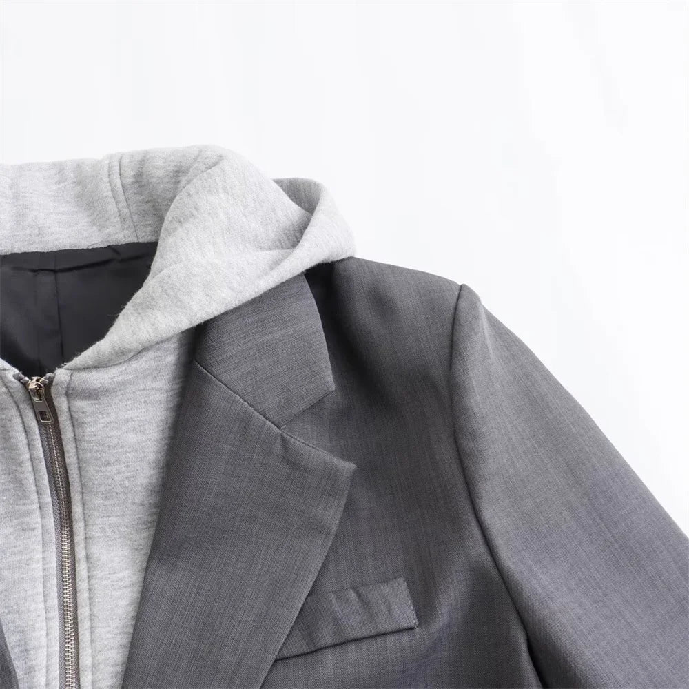 LIZAKOSHT  -  Casual Loose Hooded Blazer Women Elegant Single Breasted Long Sleeve Suit Coat Office Lady 2025 New Autumn Fashion Solid Coats