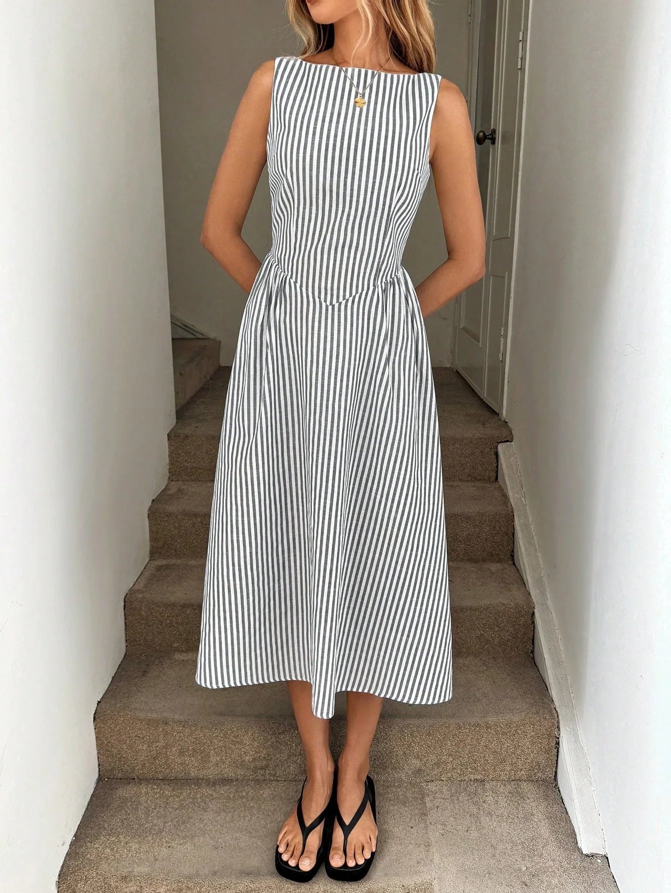 LIZAKOSHT  -  Women's Sleeveless Vertical Striped Midi Dress Elegant High Waist A-Line Vacation Dress