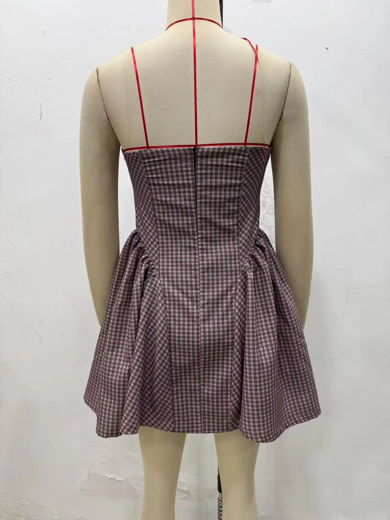 LIZAKOSHT  -  European and American autumn new women's clothing style simple sleeveless slim fit plaid strapless short dress