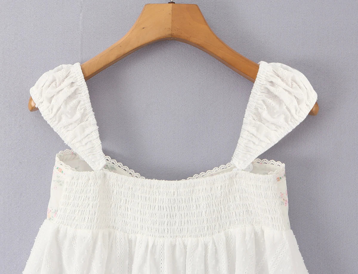 LIZAKOSHT  -  Sexy White Spliced Floral Print Elastic Strap Tank Top Women Hook Buttons Lacing Up Bow Front Elastic Back Crop Vest Beach