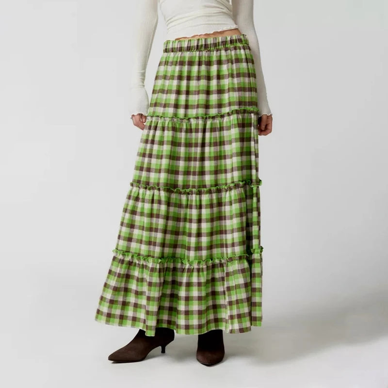 LIZAKOSHT  -  Y2k Women Gingham Tiered Maxi Skirts A Line Ruffle Plaid Midi Skirt Summer Beach Casual Loose Flowy Long Skirt