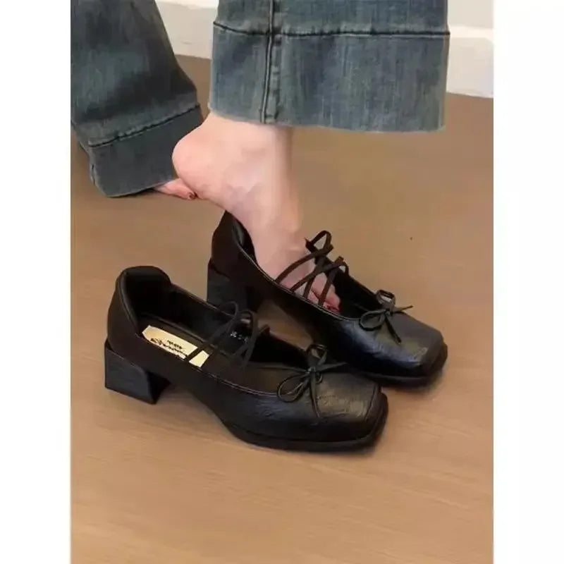 LIZAKOSHT  -  Mary Jane Flat Heels Retro Style Women's Shoes Spring Autumn Sweet Cool Butterfly Knot High Heels Comfortable Rubber
