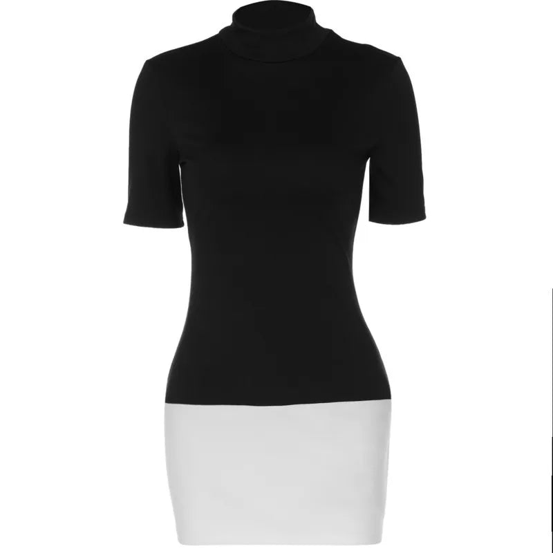 LIZAKOSHT  -  Contrasting Color Black White Dress Women With High Neck Five Quarter Sleeves Tight Fitting Hip Hugging Elegant Commuting Suit