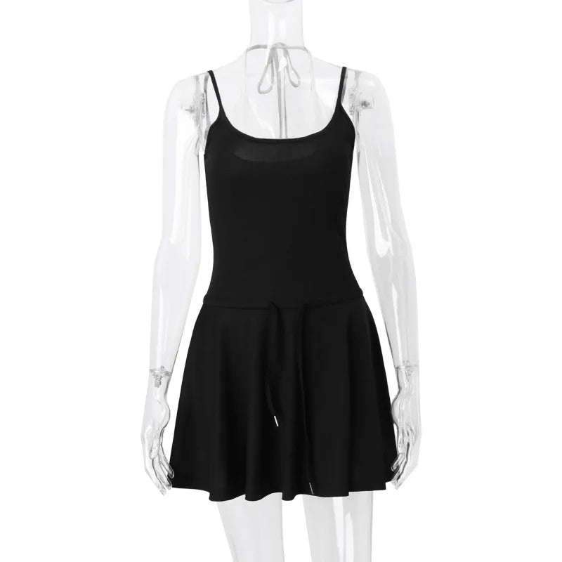 LIZAKOSHT  -  Sexy Backless Women Fake Two Piece Sets Black Spaghetti Strap V-neck Dress Female Summer Skinny Elegant Streetwear