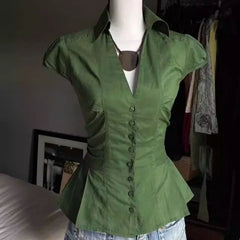 LIZAKOSHT  -  Y2k Short Blouses V Neck Solid Green Spring Summer Vintage Women Shirts Japanese Style Versatile Blusas Mujer
