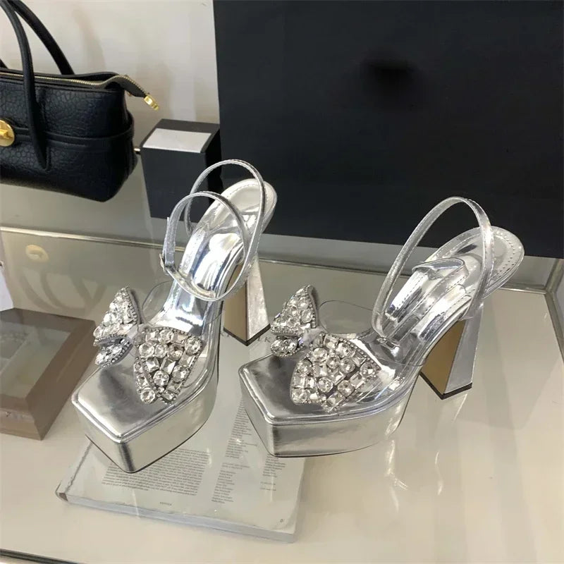 LIZAKOSHT  -  Luxury Rhinestone Transparent Platform Sandals Women Open Toe Summer Fashion Slingback Party Dress Shoes Crystal Bow High Heels