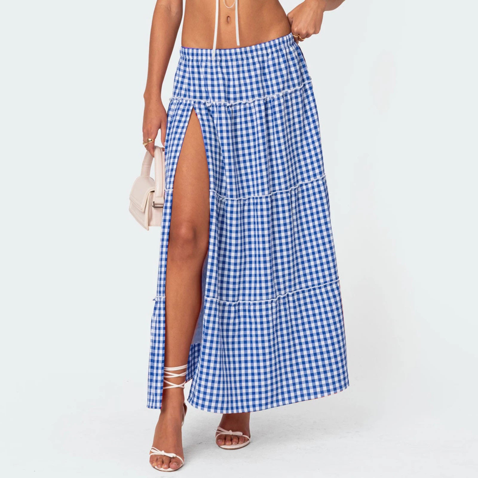 LIZAKOSHT  -   Vintage Plaid Maxi Skirts for Women Y2K Elastic Waist Side Slit Tiered Skirt Summer Flowy Gingham A Line Long Skirt