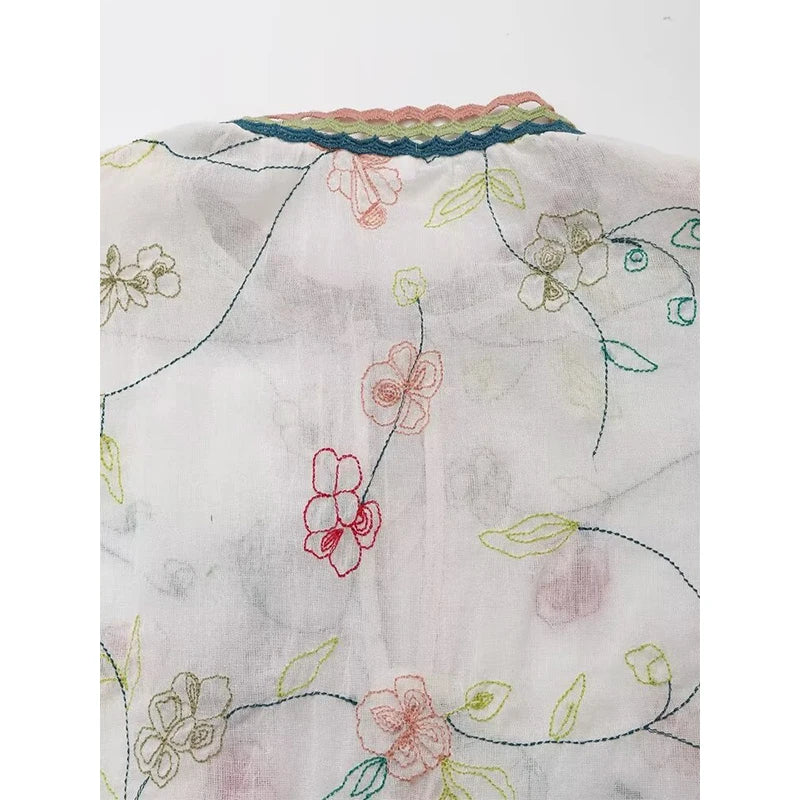 LIZAKOSHT  -  2024 Women Floral Embroidery Boho Blouse Shirt Vintage Puff Sleeve Round Neck Female Holiday Summer Tops