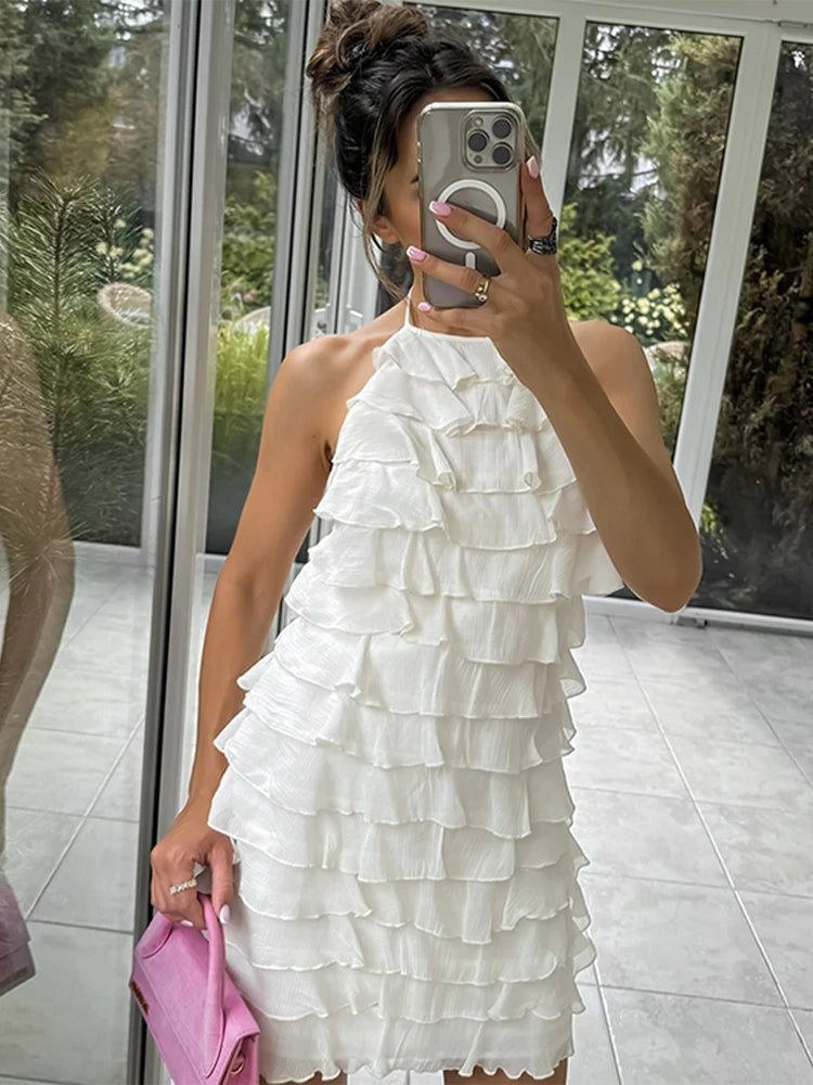 LIZAKOSHT  -  Layered Decorative Womens Halter Mini Dresses Chic Ruffled Sleeveless Backless Female Cake Skirt Summer Beach Party Short Dress