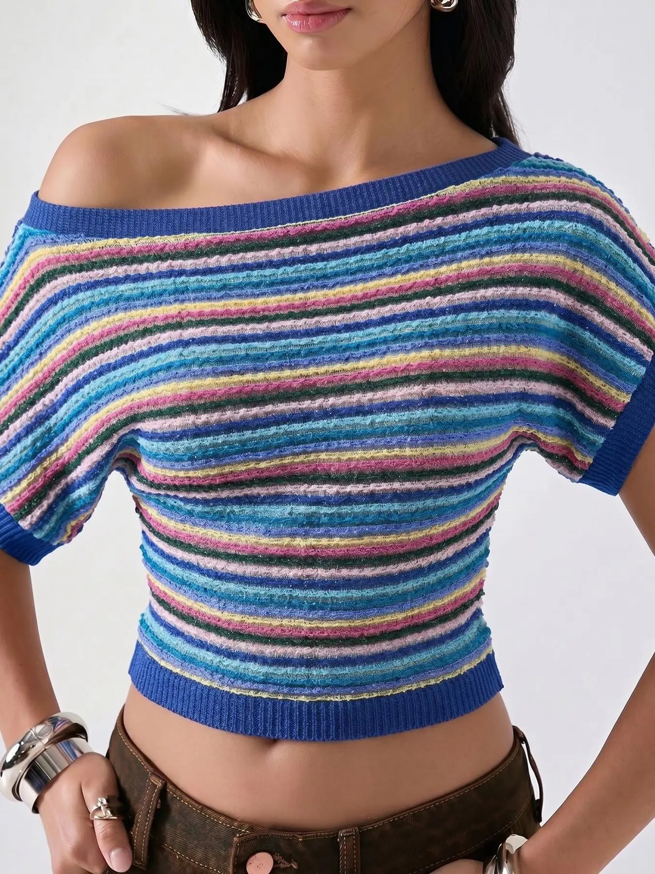 LIZAKOSHT  -  Colorful Bohemian Y2K Spicy Retro Hollow Knitted T-Shirt Asymmetrical Shoulder Line Batswing Sleeve Waist Cinched Top