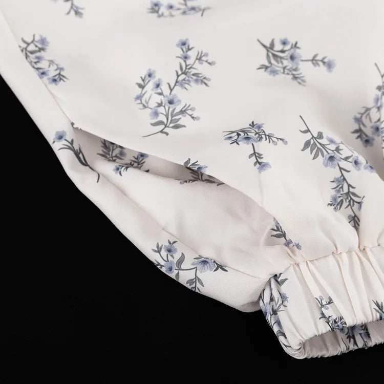 LIZAKOSHT  -  2025 French Style 2pcs Set Puff Sleeve Blouse & Printed Shorts High Neck Ruffle Trim Elegant Coords for Spring Summer