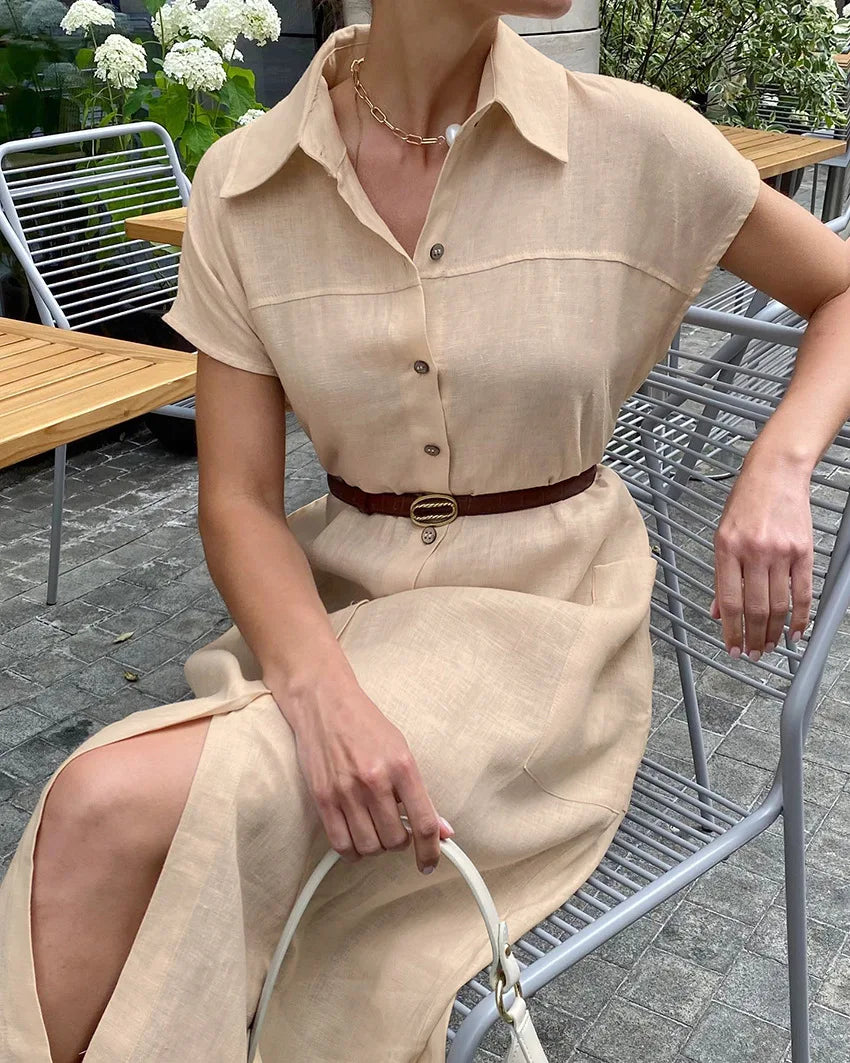 LIZAKOSHT  -  Summer Women's Linen Dress Lapel Sleeveless High Waist Maxi Dress Elegant Straight Shift Dress Office Lady Long Dress