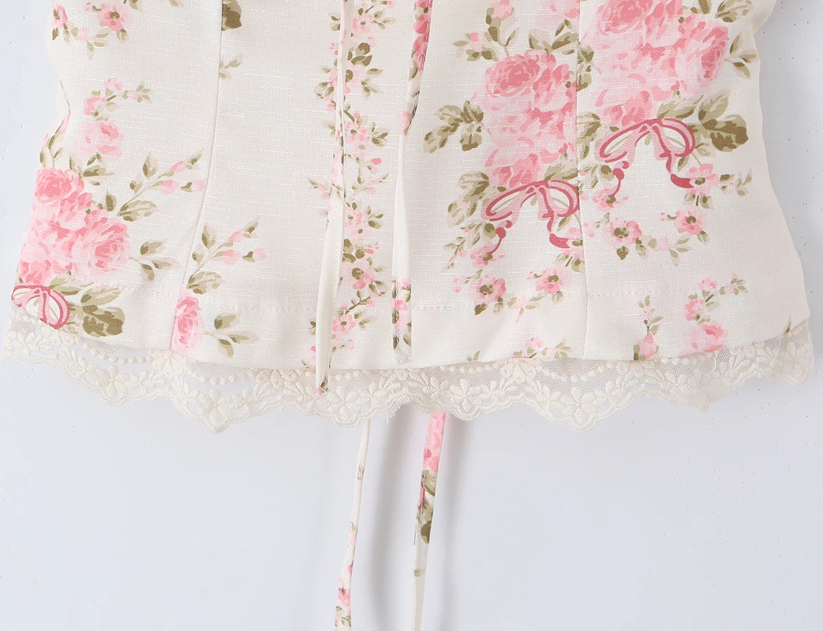 LIZAKOSHT  -  Sexy Pink Floral Print Bow Collar Elastic Strap Tank Top Slim Corset Women Lacing up Sashes Back Lace Hem Side Zipper Crop Vest